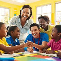 Teacher and students gathered in a classroom smiling