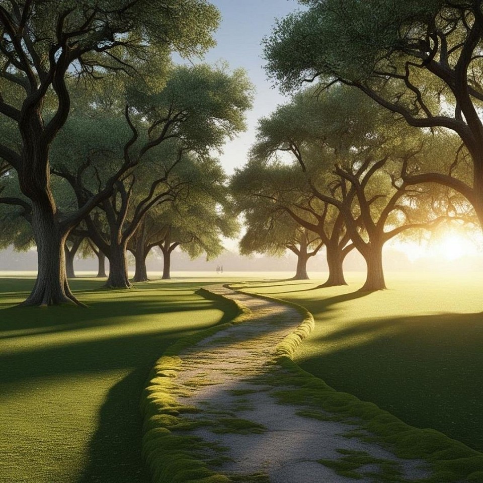 A beautiful stone pathway winding through a park at sunrise